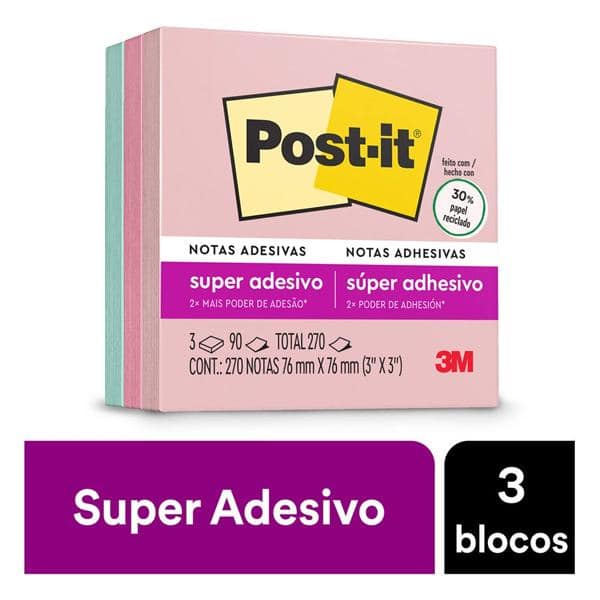 Bloco de Notas Adesivas Post-it Coleção Para Viajar, 3 blocos, 76x76mm, 270 folhas, 3M - PT 1 UN