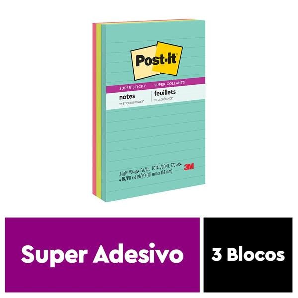 Bloco de Notas Super Adesivas Post-it, Pautados, 101 mm x 152 mm, 90 folhas, Coleção Supernova, HB00476948, 3M - BT 3 UN