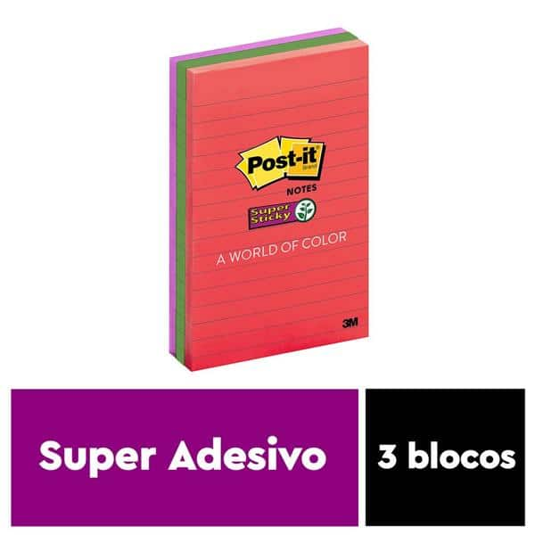 Bloco de Notas Super Adesivas Post-it, Pautados, 101mm x 152mm, 90 folhas, Coleção Diversão, HB00477162, 3M - BT 3 UN