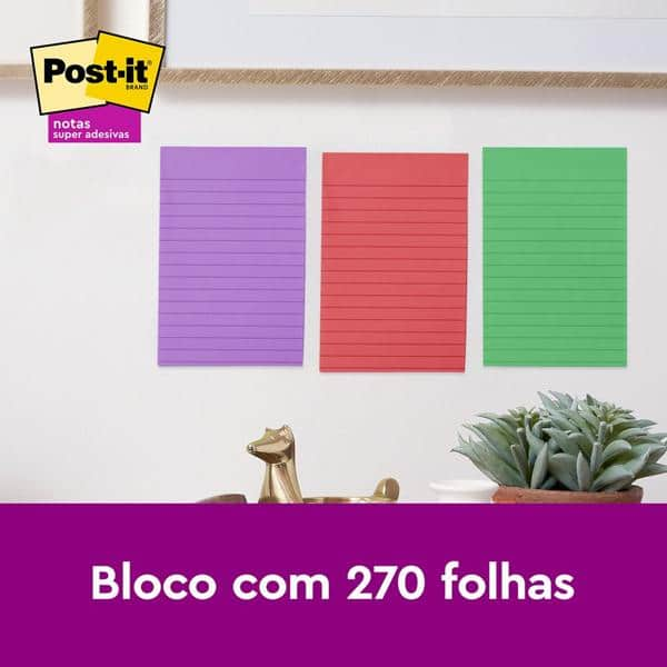 Bloco de Notas Super Adesivas Post-it, Pautados, 101mm x 152mm, 90 folhas, Coleção Diversão, HB00477162, 3M - BT 3 UN