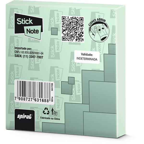 Bloco Autoadesivo, Verde Pastel, 100 folhas, 76mm x 76mm, Stick Note - PT 1 UN