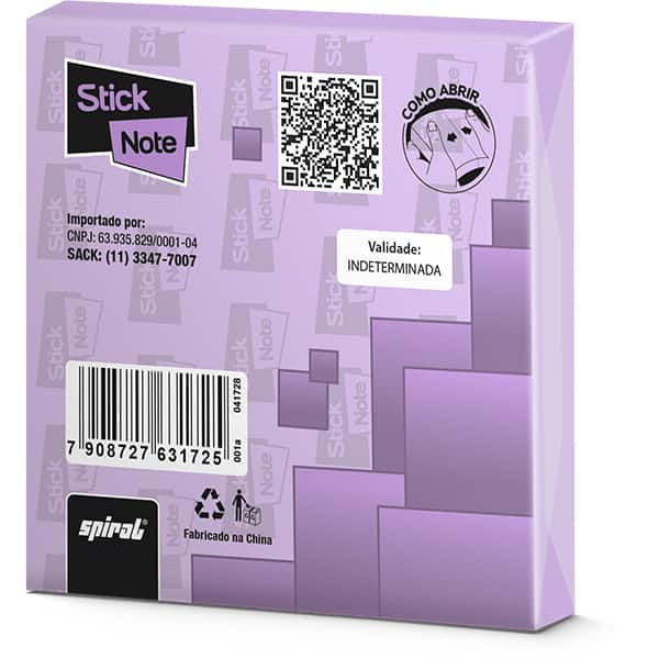Bloco Autoadesivo, Lilás, 100 folhas, 76mm x 76mm, Stick Note - PT 1 UN