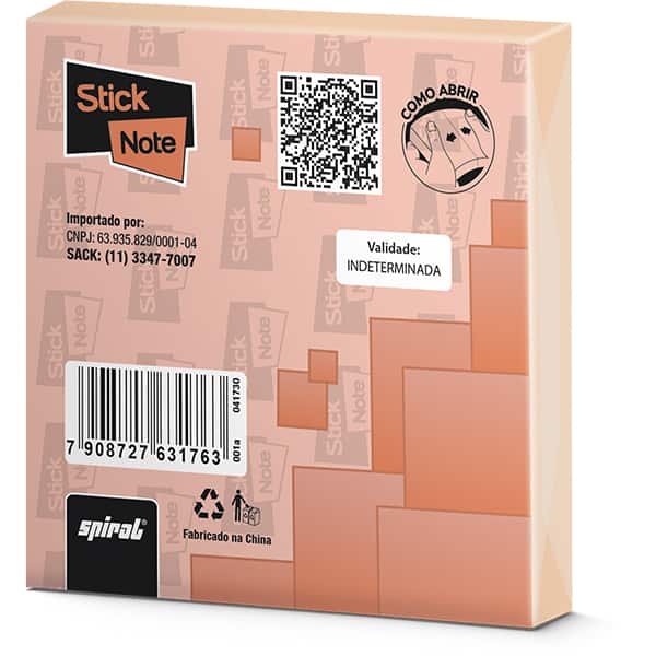 Bloco Adesivo 100 Folhas, Salmão, 76mm X 76mm, Stick Note - PT 1 UN