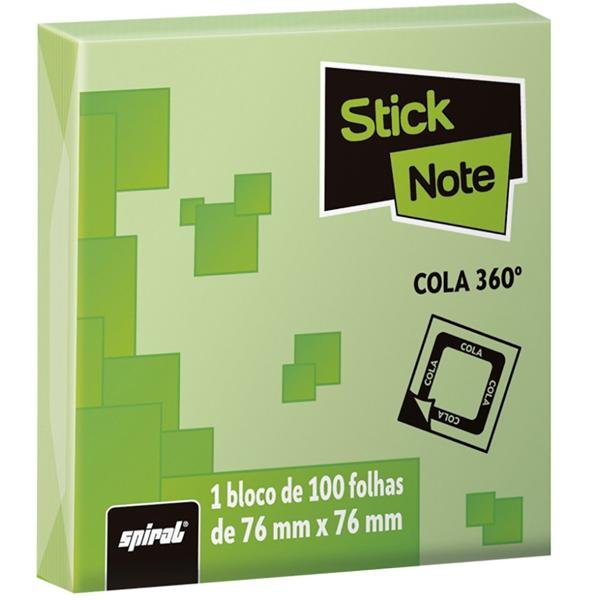 Bloco autoadesivo 76x76 Cola 360 Graus verde com 100 folhas Stick Note PT 1 UN