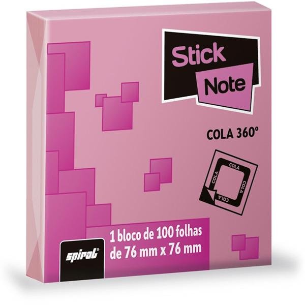 Bloco autoadesivo 76x76 Cola 360 Graus rosa com 100 folhas Stick Note PT 1 UN