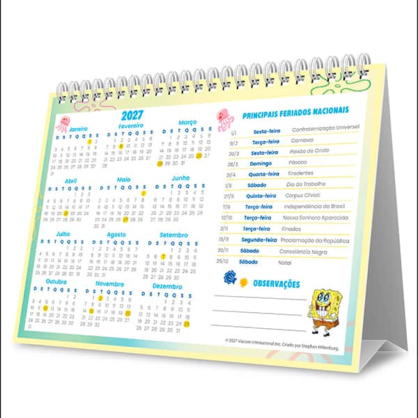 Calendário de Mesa 2027, Bob Esponja, 7 Folhas, 2759460, Spiral Bob - PT 1 UN Calendário de Mesa 2027, Bob Esponja, 7 Folhas, 2759460, Spiral Bob - PT 1 UN