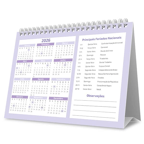 Calendário de mesa 2026 Soothing lilás 2633781 Spiral Soot PT 1 UN