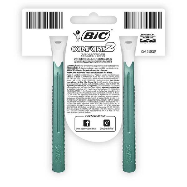 Aparelho de Barbear BIC Comfort 2, Pele Sensível, Barbeador, Cabo Antideslizante, 835387 - BT 2 UN