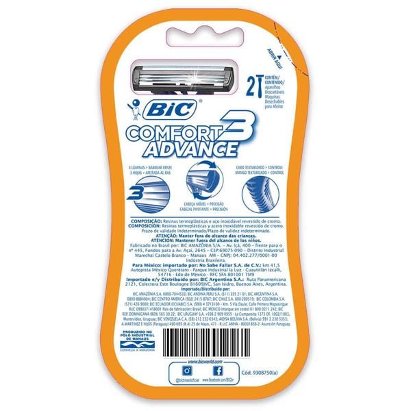 Aparelho de Barbear BIC Comfort 3 Advance Pele Normal, Fita Lubrificante com Aloe Vera, Barbeador, 8713171 - BT 2 UN