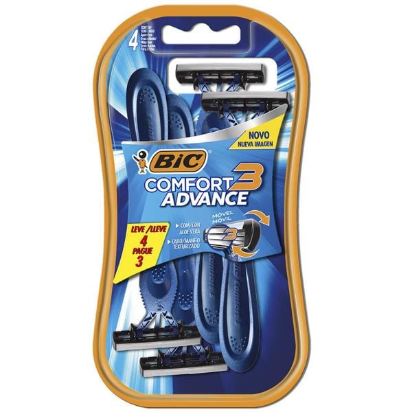 Barbeador BIC Comfort 3 Advance, Pele Normal, 3 Lâminas, Barbeador, 9298491, Leve 4 Pague 3, Fita Lubrificante com Aloe Vera, Azul - BT 4 UN