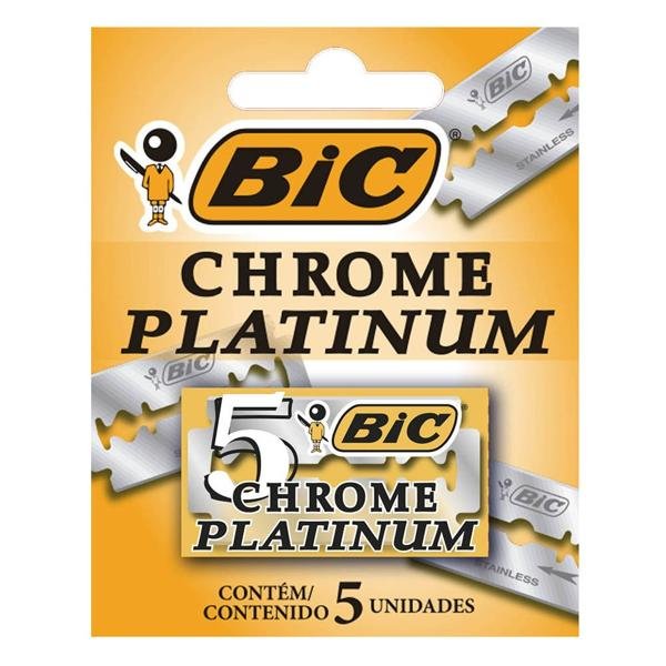 Lâmina Duplo Fio BIC Chrome Platinum, Clássica, Aço Inoxidável, Revestida de Cromo e Platina, 835381 - BT 5 UN
