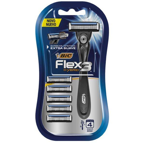 Aparelho de Barbear BIC Flex3 Hybrid, 3 Lâminas, Extra Suave + 5 Cargas, Corpo Ergonômico, Barbeador, 968722 - BT 5 UN