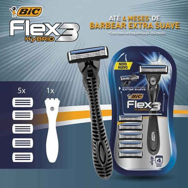 Aparelho de Barbear BIC Flex3 Hybrid, 3 Lâminas, Extra Suave + 5 Cargas, Corpo Ergonômico, Barbeador, 968722 - BT 5 UN