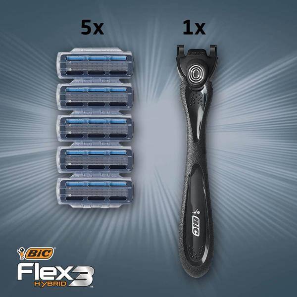 Aparelho de Barbear BIC Flex3 Hybrid, 3 Lâminas, Extra Suave + 5 Cargas, Corpo Ergonômico, Barbeador, 968722 - BT 5 UN