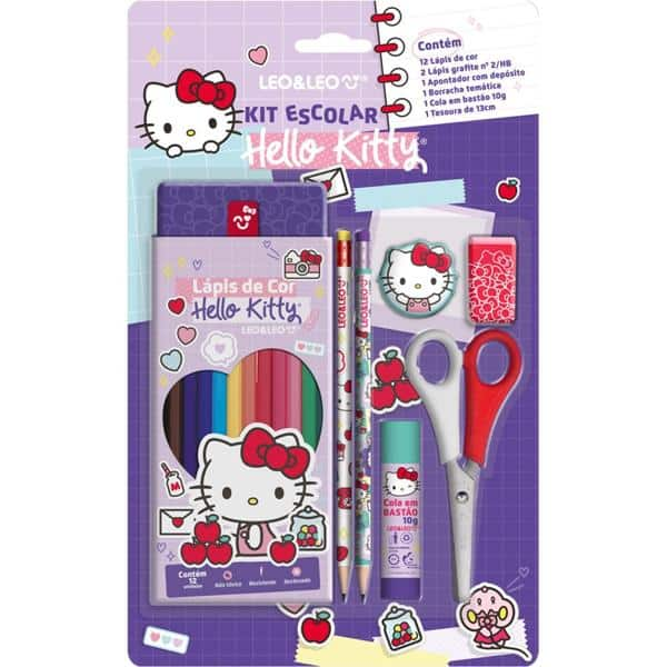 Kit escolar Hello Kitty com 6 itens, 71616, Leonora - KT 1 UN