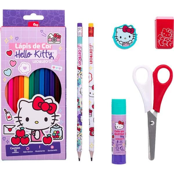 Kit escolar Hello Kitty com 6 itens, 71616, Leonora - KT 1 UN