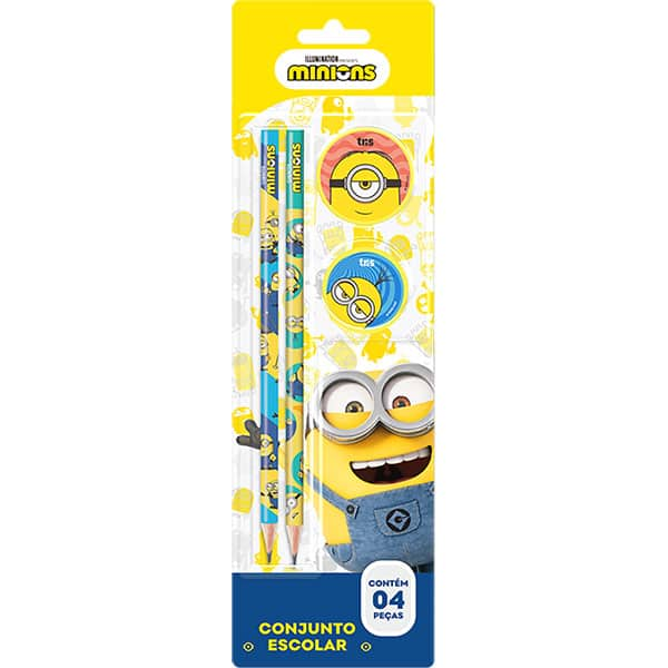 Kit escolar Minions com 4 itens, 905574, Tris - BT 1 UN