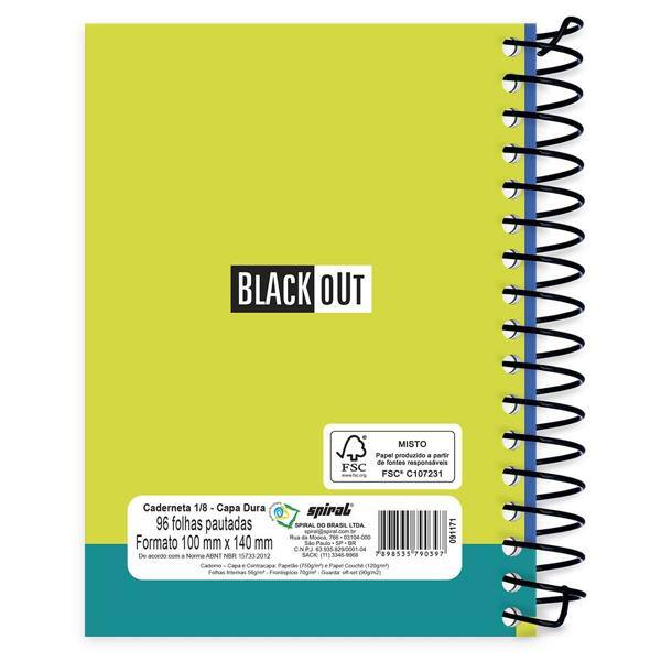 Caderneta 1/8 capa dura 96fls Black Out azul 90397 Spiral Blk PT 1 UN