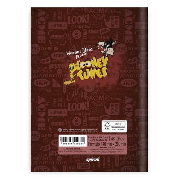 Caderno 1/4 capa dura costurado 48 folhas, Looney Tunes, Spiral, 20815 - PT 1 UN