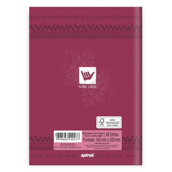 Caderno 1/4 capa dura costurado 48 folhas, Hang Loose, Spiral, 20814 - PT 1 UN