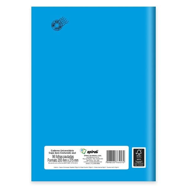 Caderno Universitário Capa Dura Costurado 96 folhas, Azul, Spiral, 64572 - PT 1 UN