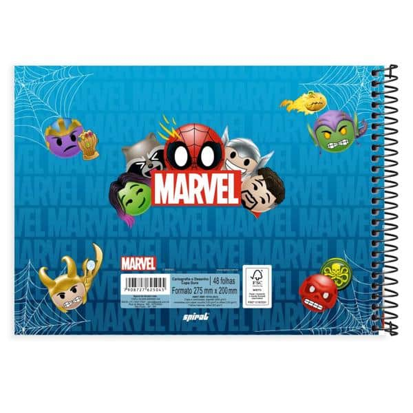 Caderno Cartografia e Desenho Capa Dura 48 Folhas, Marvel Emoji, 2525045, Spiral Mve - PT 1 UN