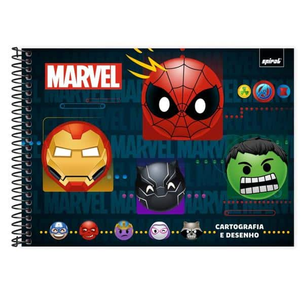 Caderno Cartografia e Desenho Capa Dura 80 Folhas, Marvel Emoji, 2525090, Spiral Mve - PT 1 UN