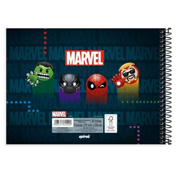 Caderno Cartografia e Desenho Capa Dura 80 Folhas, Marvel Emoji, 2525090, Spiral Mve - PT 1 UN