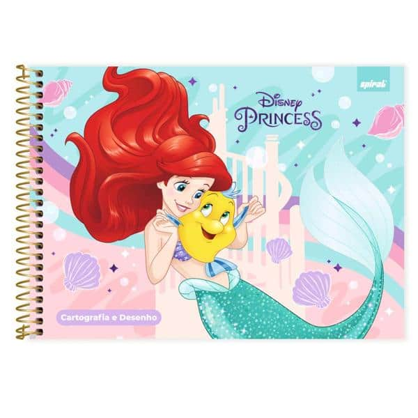 Caderno Cartografia e Desenho Capa Dura 80 Folhas, Princesas, Ariel, 2525106, Spiral Pn - PT 1 UN