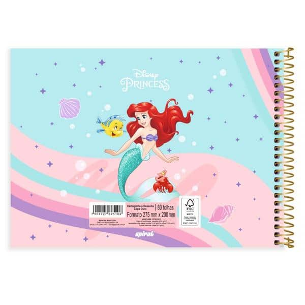 Caderno Cartografia e Desenho Capa Dura 80 Folhas, Princesas, Ariel, 2525106, Spiral Pn - PT 1 UN