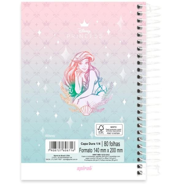 Caderno 1/4 Capa Dura Espiral 80 Folhas Disney Princesas Ariel Spiral - PT 1 UN