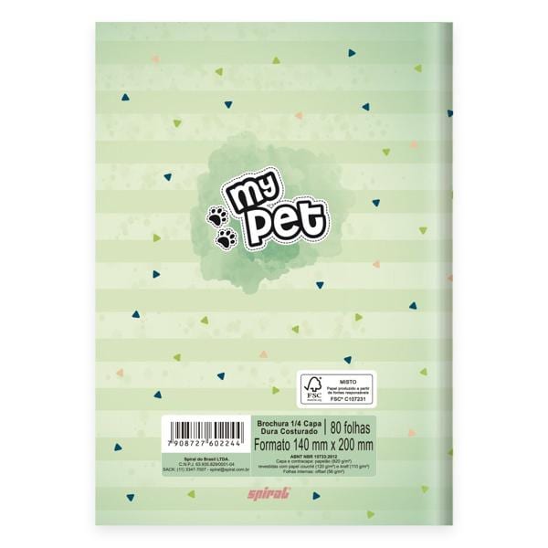 Caderno 1/4 Capa Dura Brochura Costurado 80 Folhas, My Pet Spiral - PT 1 UN