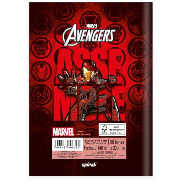Caderno 1/4 Capa Dura Brochura Costurado 80 Folhas, Marvel Vingadores - Avengers Spiral - PT 1 UN