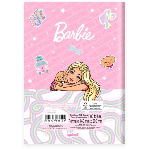Caderno 1/4 Capa Dura Brochura Costurado 80 Folhas, Barbie Mattel Spiral - PT 1 UN