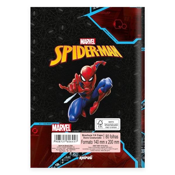 Caderno 1/4 Capa Dura Brochura Costurado 80 Folhas, Marvel Homem Aranha - Spiderman Spiral - PT 1 UN
