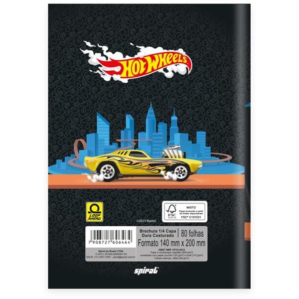 Caderno 1/4 Capa Dura Brochura Costurado 80 Folhas, Hot Wheels Mattel Spiral - PT 1 UN