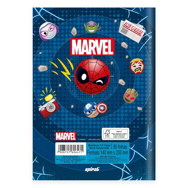 Caderno 1/4 Capa Dura Brochura Costurado 80 Folhas, Marvel Emoji Spiral - PT 1 UN