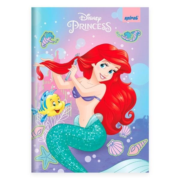 Caderno 1/4 Capa Dura Brochura Costurado 80 Folhas, Disney Princesas Ariel Spiral - PT 1 UN