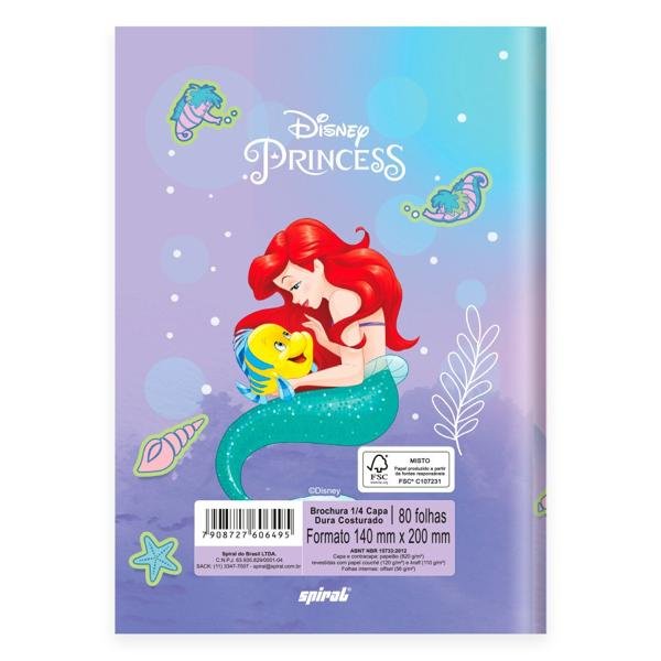 Caderno 1/4 Capa Dura Brochura Costurado 80 Folhas, Disney Princesas Ariel Spiral - PT 1 UN