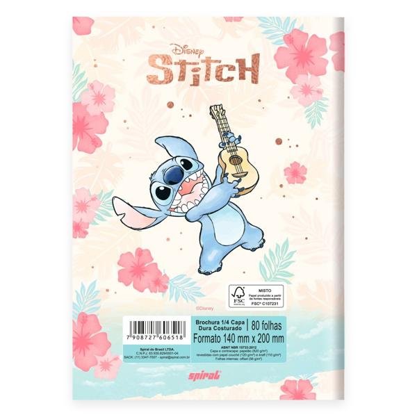 Caderno 1/4 Capa Dura Brochura Costurado 80 Folhas, Disney Stitch Spiral - PT 1 UN