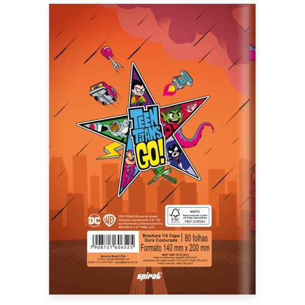 Caderno 1/4 Capa Dura Brochura Costurado 80 Folhas, Warner Teen Titans Go - Jovens Titãs Spiral - PT 1 UN