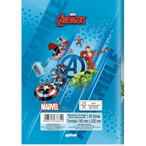 Caderno 1/4, Capa Dura Costurado, 80 folhas, Avengers / Vingadores, 2766840, Spiral Av - PT 1 UN