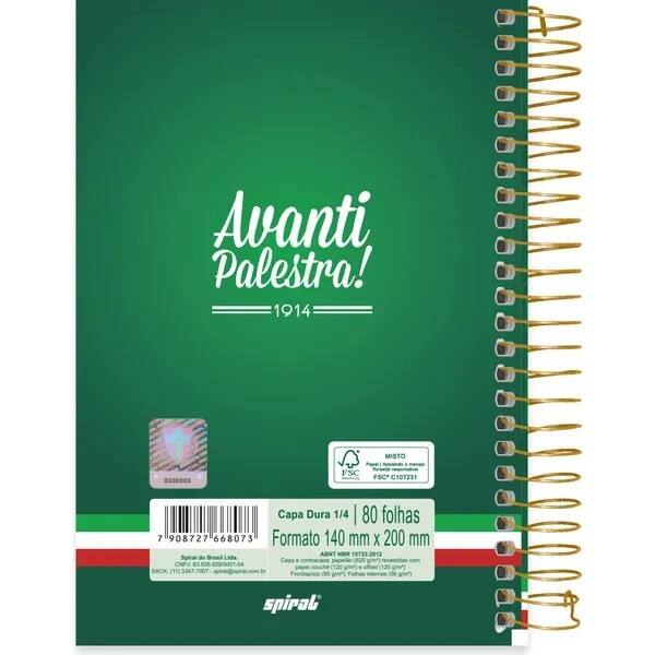 Caderno 1/4 Capa dura, espiral, 80 folhas, Palmeiras F.C, 2768073, Spiral Pal - PT 1 UN Caderno 1/4 Capa dura, espiral, 80 folhas, Palmeiras F.C, 2768073, Spiral Pal - PT 1 UN