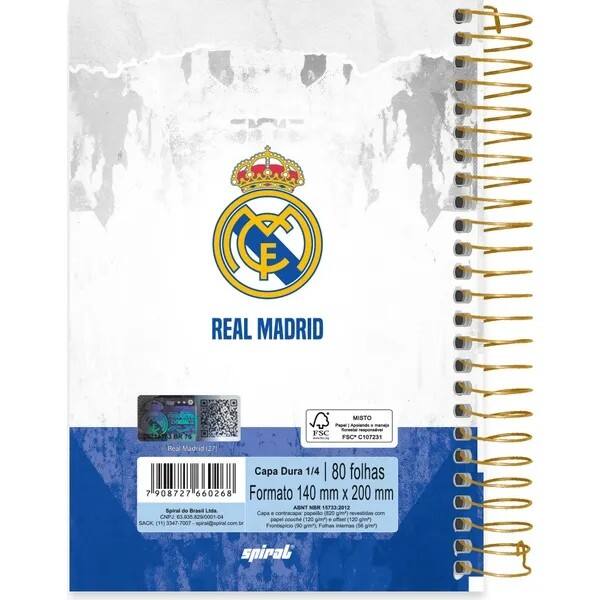 Caderno 1/4, Capa Dura, Espiral, 80 folhas, Real Madrid F.C, 2760268, Spiral Rea - PT 1 UN Caderno 1/4, Capa Dura, Espiral, 80 folhas, Real Madrid F.C, 2760268, Spiral Rea - PT 1 UN