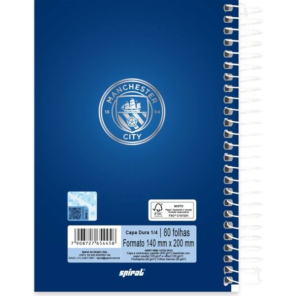 Caderno 1/4 Capa dura, espiral, 80 folhas, Manchester CIty F.C, 2754458, Spiral Mc - PT 1 UN