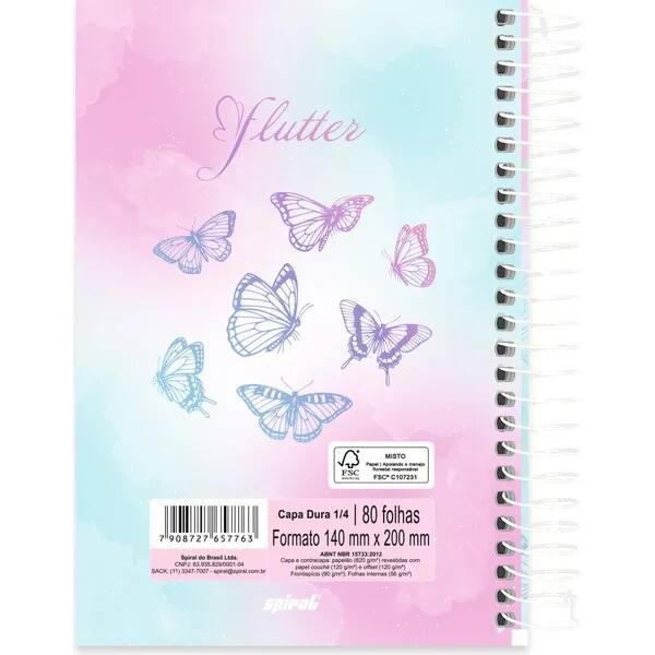 Caderno 1/4 Capa dura, espiral, 80 folhas, Flutter, 2757763, Spiral Flu - PT 1 UN Caderno 1/4 Capa dura, espiral, 80 folhas, Flutter, 2757763, Spiral Flu - PT 1 UN