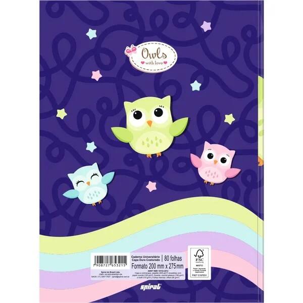 Caderno Universitário Capa Dura Costurado, 80 folhas, Corujinhas, 2753215, Spiral Cor - PT 1 UN