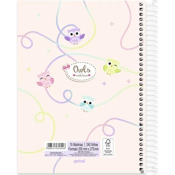 Caderno Universitário Capa Dura, 15x1, 240 folhas, Corujinhas,2753048, Spiral Cor - PT 1 UN