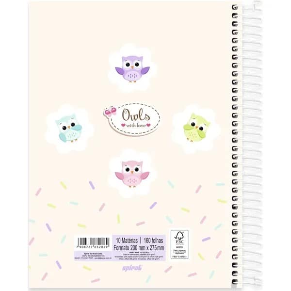Caderno Universitário Capa Dura, 10 x 1, 160 Folhas, Corujinhas, 2752829, Spiral Cor - PT 1 UN
