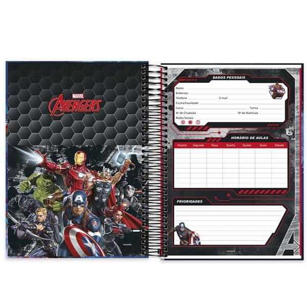 Caderno universitário capa dura 15x1 240 folhas, Vingadores Avengers Marvel, Spiral, 211968 - PT 1 UN